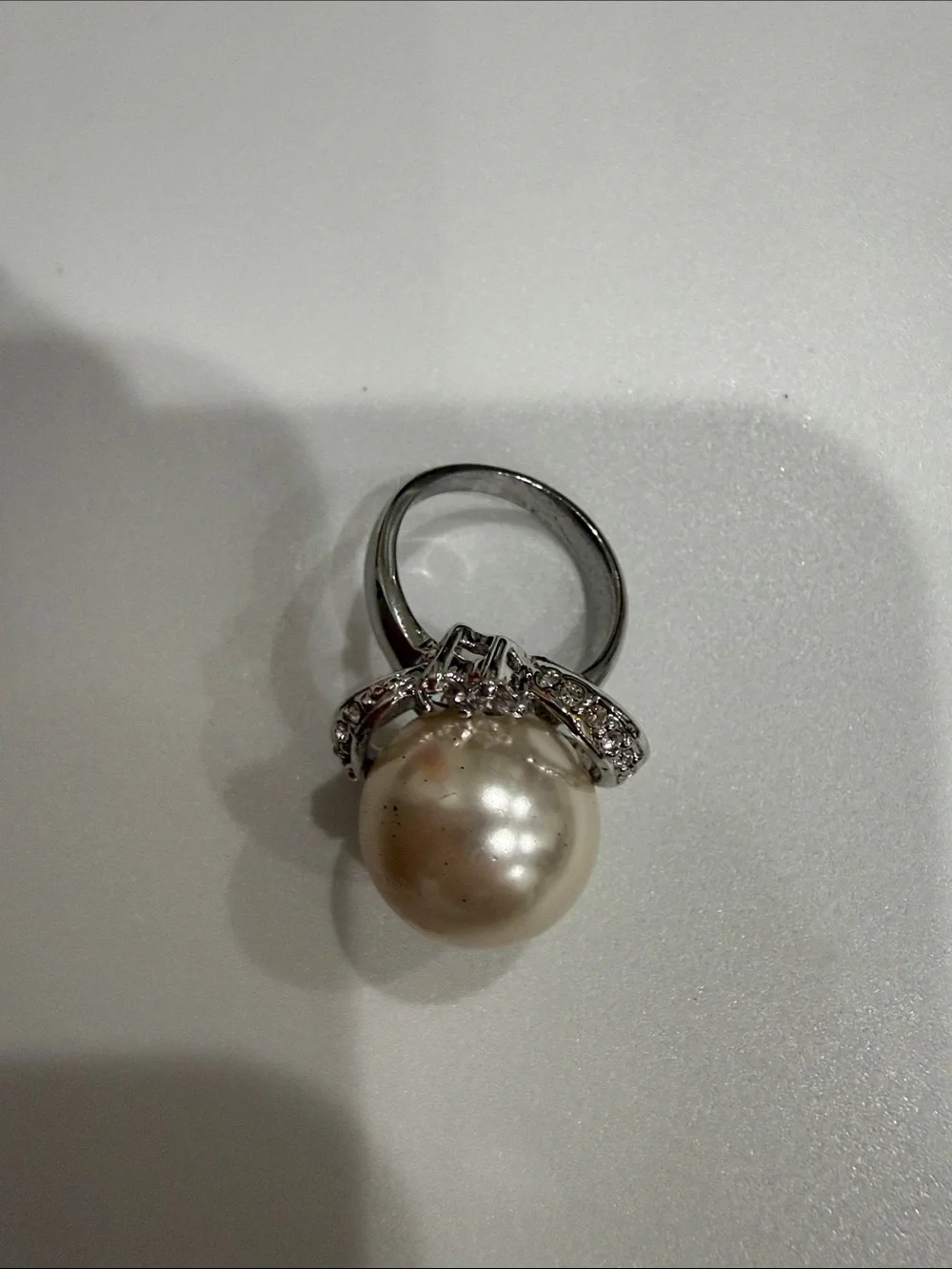 Classic Pearl Cocktail Ring in Silver with Crystal Accents Size 6